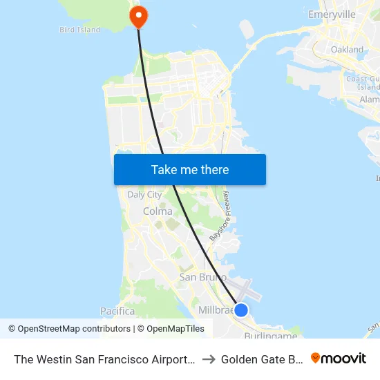 The Westin San Francisco Airport Millbrae to Golden Gate Bridge map