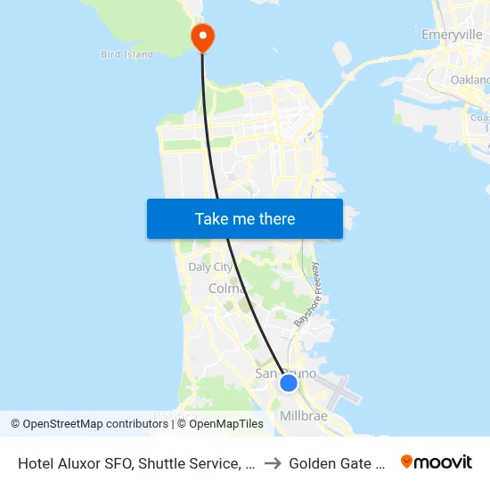 Hotel Aluxor SFO, Shuttle Service, San Bruno to Golden Gate Bridge map