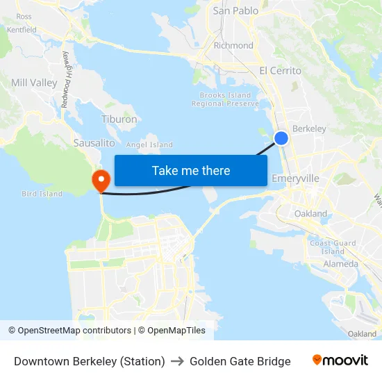 Downtown Berkeley (Station) to Golden Gate Bridge map