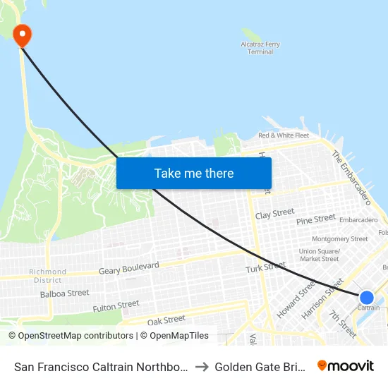 San Francisco Caltrain Northbound to Golden Gate Bridge map