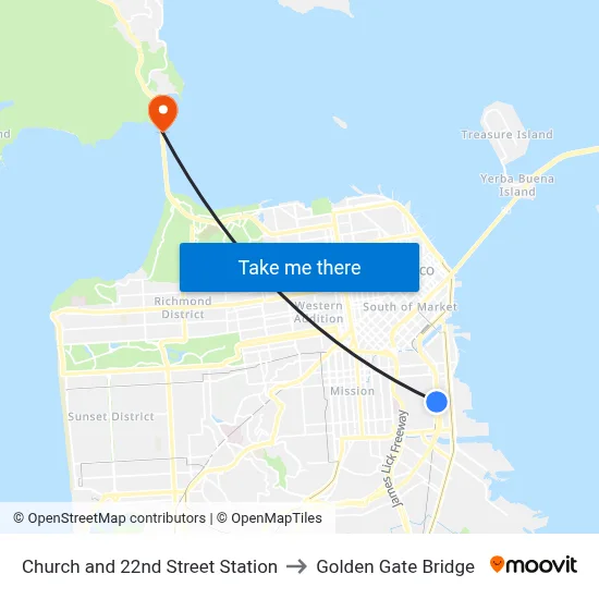 Church and 22nd Street Station to Golden Gate Bridge map