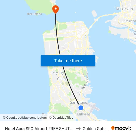 Hotel Aura SFO Airport FREE SHUTTLE, San Bruno to Golden Gate Bridge map