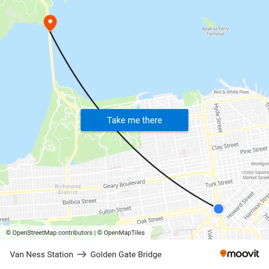 Van Ness Station to Golden Gate Bridge map