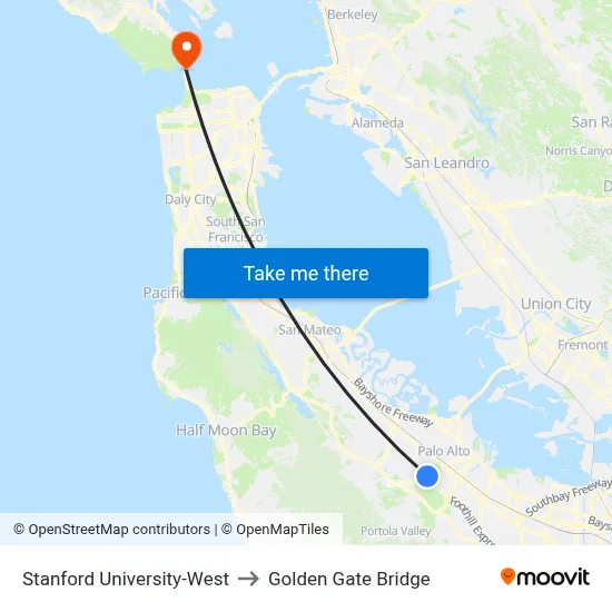 Stanford University-West, 355 Galvez St to Golden Gate Bridge map