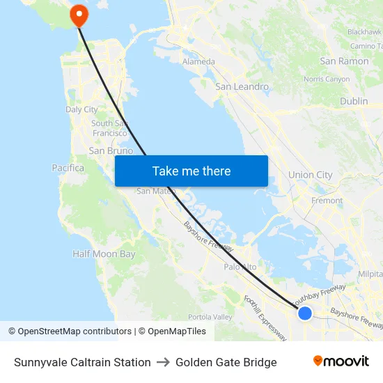 Sunnyvale Caltrain Station to Golden Gate Bridge map