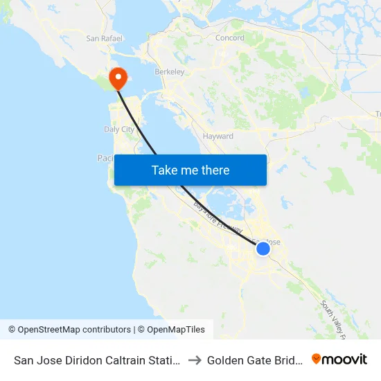 San Jose Diridon Caltrain Station to Golden Gate Bridge map