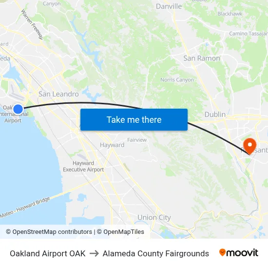 Oakland Airport OAK to Alameda County Fairgrounds map