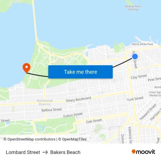 Lombard Street to Bakers Beach map