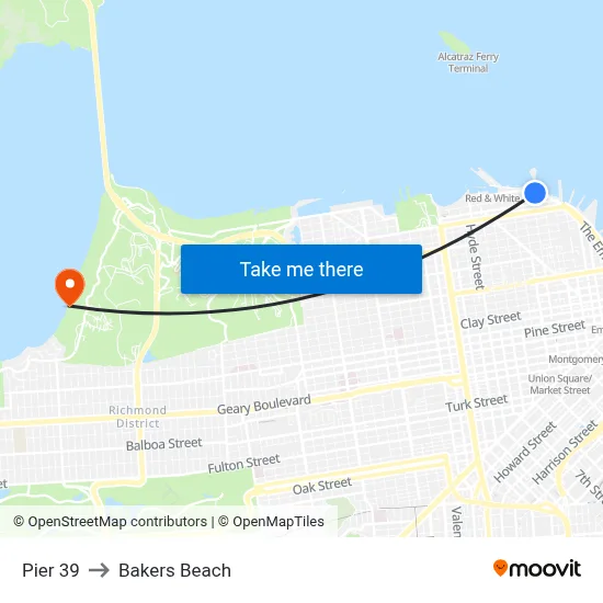 Pier 39 to Bakers Beach map