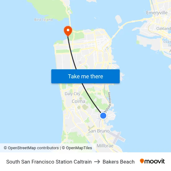 South San Francisco Station Caltrain to Bakers Beach map