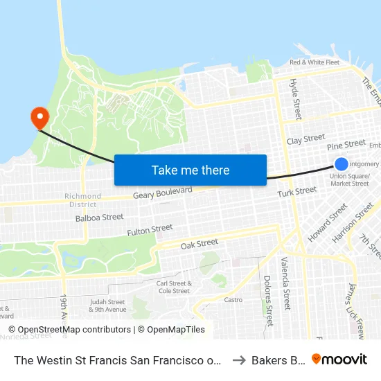 The Westin St Francis San Francisco on Union Square to Bakers Beach map