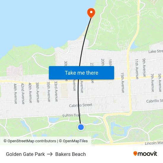 Golden Gate Park to Bakers Beach map