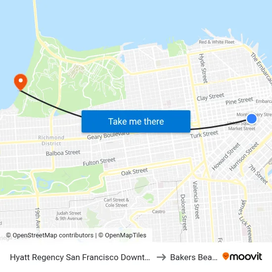 Hyatt Regency San Francisco Downtown to Bakers Beach map