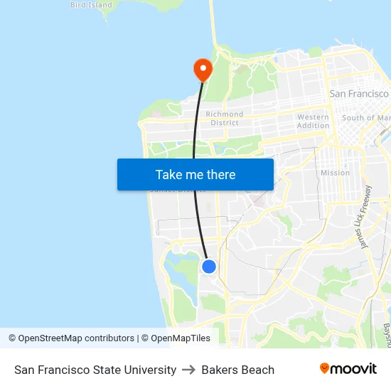 San Francisco State University to Bakers Beach map