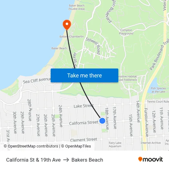 California St & 19th Ave to Bakers Beach map