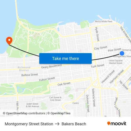 Montgomery Street Station to Bakers Beach map