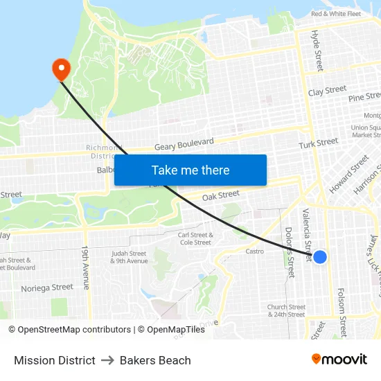 Mission District to Bakers Beach map
