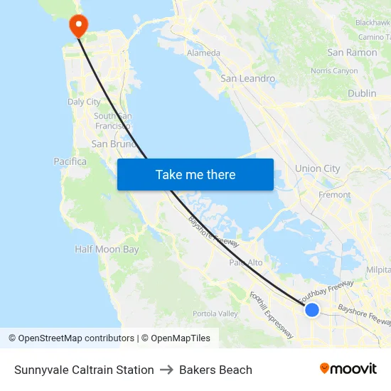 Sunnyvale Caltrain Station to Bakers Beach map