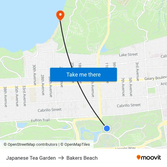 Japanese Tea Garden to Bakers Beach map