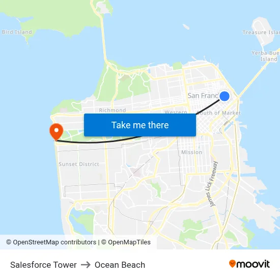 Salesforce Tower to Ocean Beach map