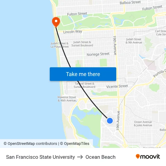San Francisco State University to Ocean Beach map