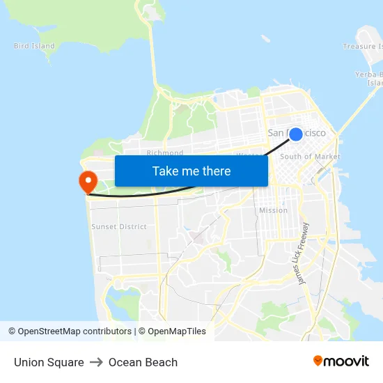 Union Square to Ocean Beach map