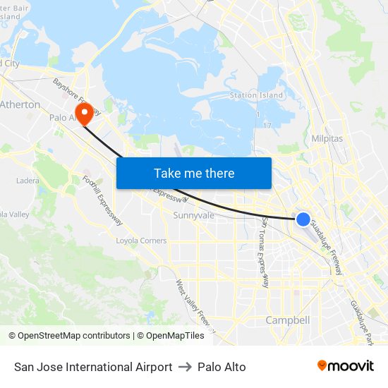 San Jose International Airport to Palo Alto map