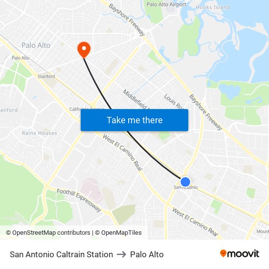 San Antonio Caltrain Station to Palo Alto map
