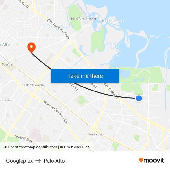 Googleplex to Palo Alto map