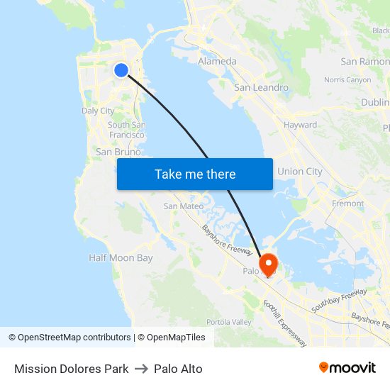 Mission Dolores Park to Palo Alto map