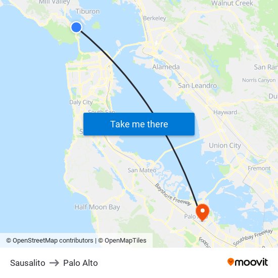 Sausalito to Palo Alto map