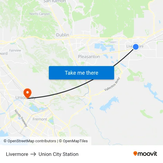 Livermore to Union City Station map