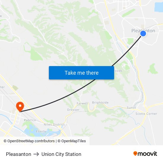 Pleasanton to Union City Station map