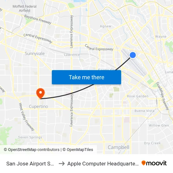 San Jose Airport SJC to Apple Computer Headquarters map