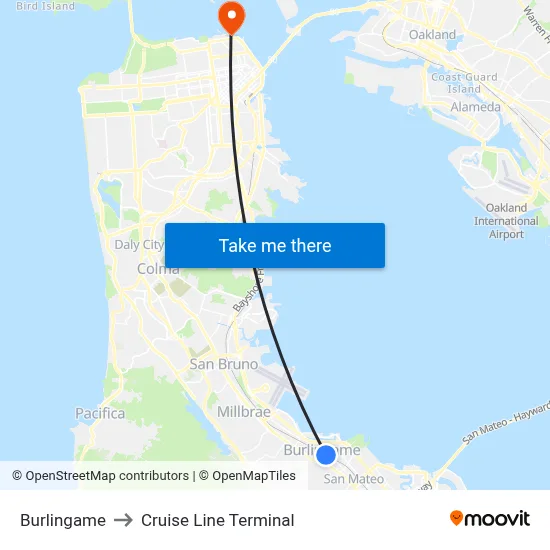 Burlingame to Cruise Line Terminal map