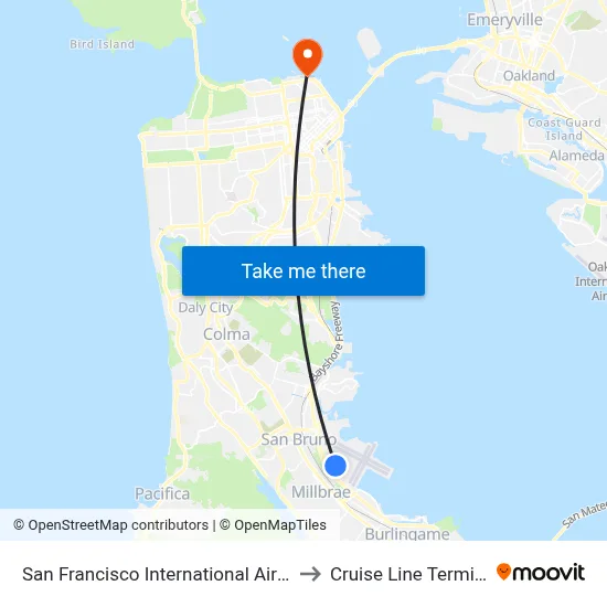 San Francisco International Airport to Cruise Line Terminal map