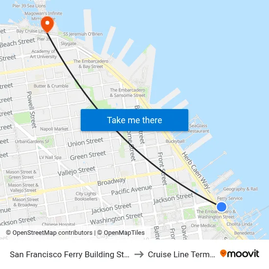 San Francisco Ferry Building Station to Cruise Line Terminal map