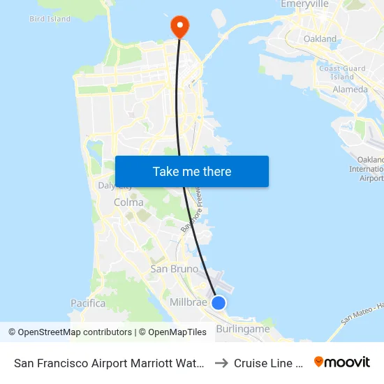 San Francisco Airport Marriott Waterfront Burlingame to Cruise Line Terminal map