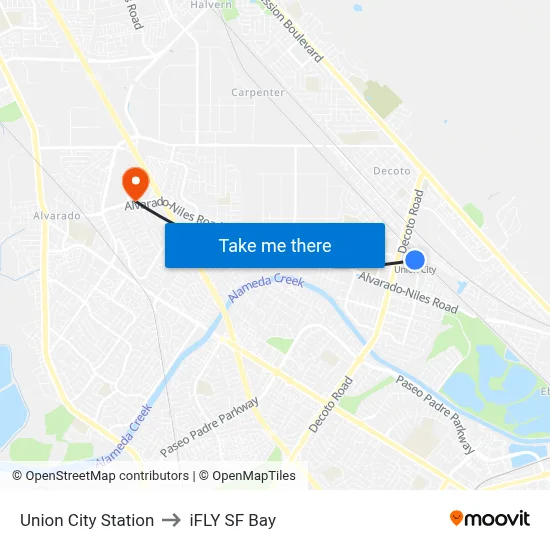 Union City Station to iFLY SF Bay map