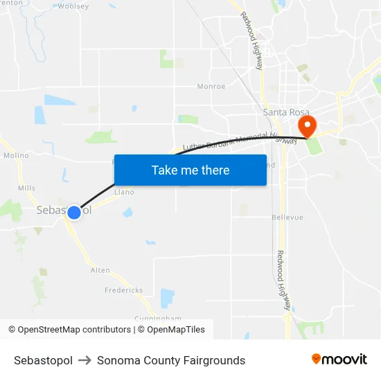 Sebastopol to Sonoma County Fairgrounds map
