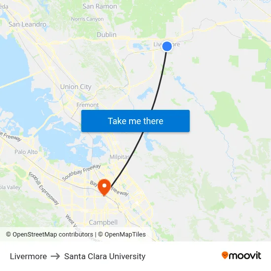 Livermore to Santa Clara University map