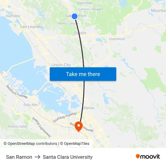 San Ramon to Santa Clara University map