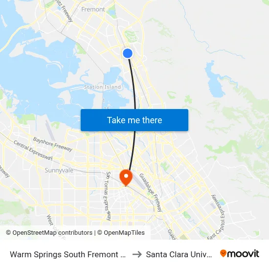 Warm Springs South Fremont Station to Santa Clara University map