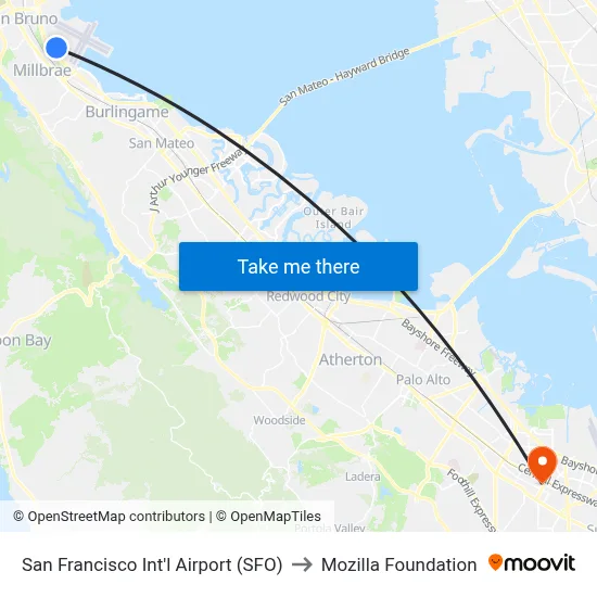 San Francisco Int'l Airport (SFO) to Mozilla Foundation map