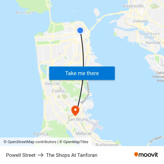 Powell Street to The Shops At Tanforan map
