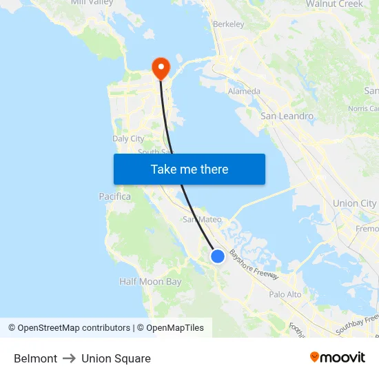 Belmont to Union Square map