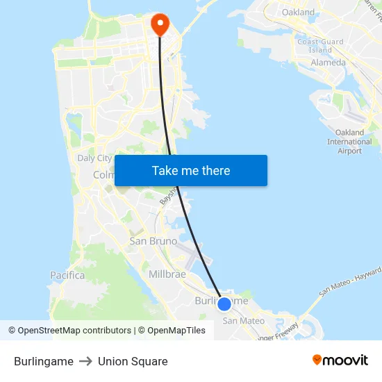 Burlingame to Union Square map