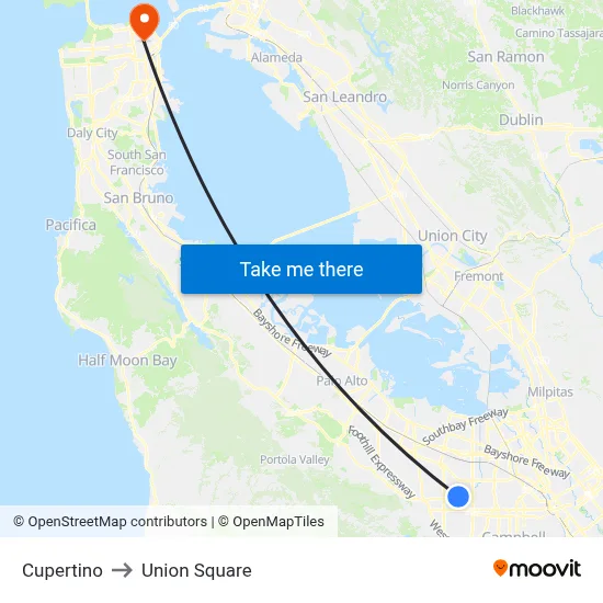 Cupertino to Union Square map