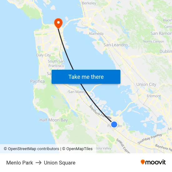 Menlo Park to Union Square map