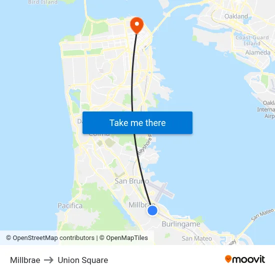 Millbrae to Union Square map